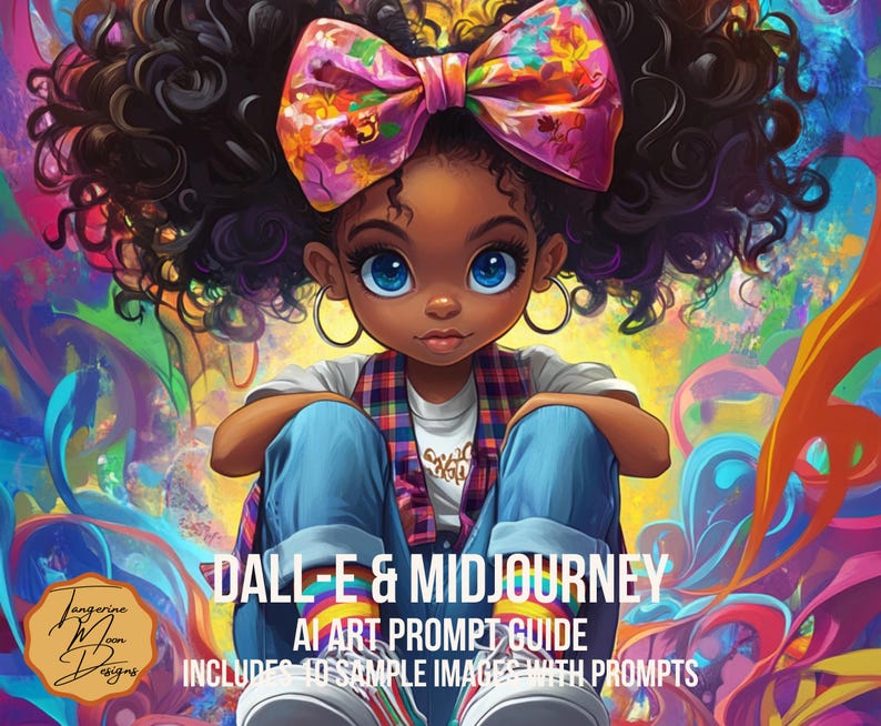 May include: A digital illustration of a young Black girl with curly hair wearing a plaid shirt, blue jeans, and a large pink bow. The background is a colorful abstract design.