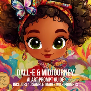 May include: A digital illustration of a young girl with brown skin, curly black hair, and green eyes. She is wearing a colorful headscarf with a butterfly design and a yellow dress. The background is a vibrant abstract pattern of flowers and swirls.