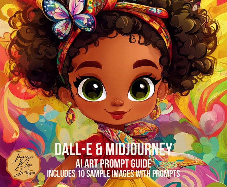 May include: A digital illustration of a young girl with brown skin, curly black hair, and green eyes. She is wearing a colorful headscarf with a butterfly design and a yellow dress. The background is a vibrant abstract pattern of flowers and swirls.