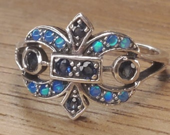 Handcrafted Solid 925 Sterling Silver Fleur De Lis Flower of the lily Pendant With Inlaid Lab Created Blue Opal Gemstone