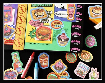 May include: A collection of colorful stickers featuring various food and drink items, including pizza, ice cream, popcorn, and a burger. The stickers are on a black background and some have text on them, such as "Honey Peach Pizza" and "So far So Good".