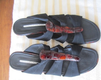 Donald J Pliner Leather Slides Size 11.  Black with brown leather.  Excellent condition.