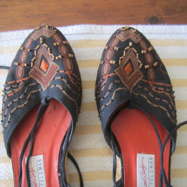 Frankie and Baby Beverly Feldman Espadrille shoes with ankle ties Black and Orange. WORN ONCE