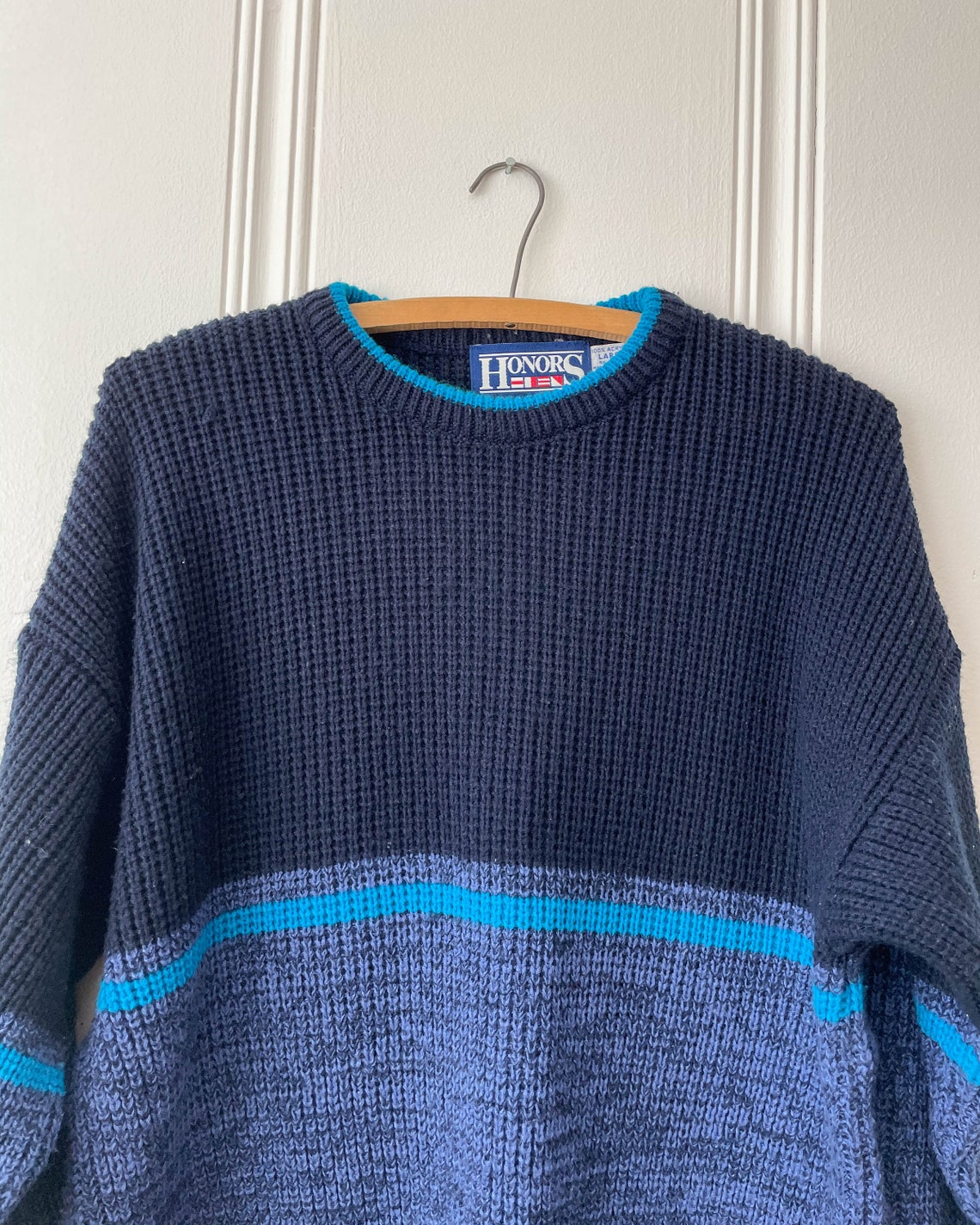 90s Honors Blue Knit Sweater I Striped Marled Chunky Knit Etsy