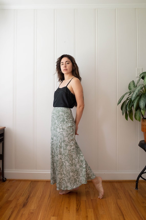 Vintage Fruit Print Bias Cut Sage Green Skirt