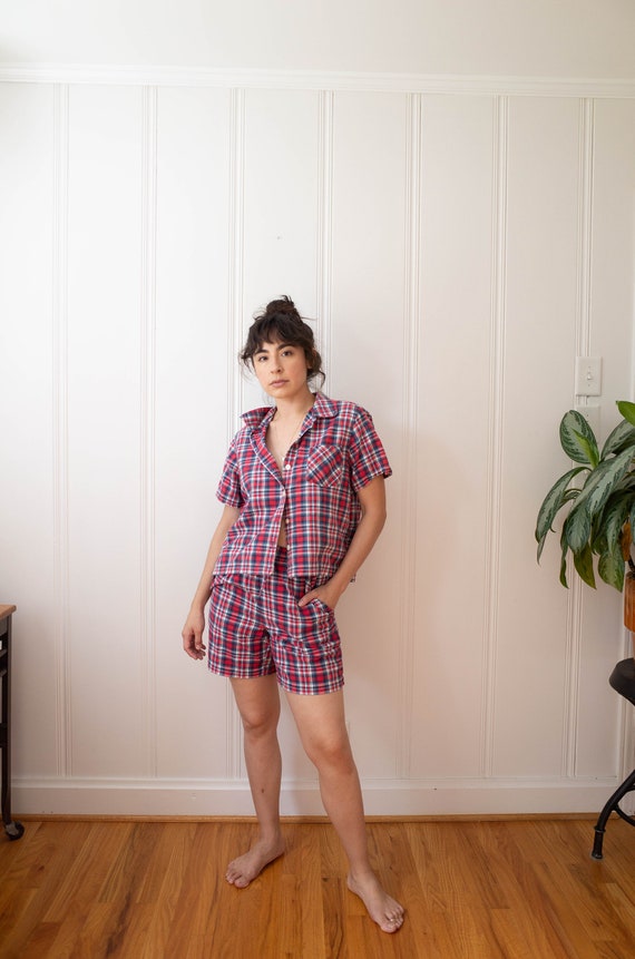Vintage Red Plaid Check Print Two Piece Lounge Set