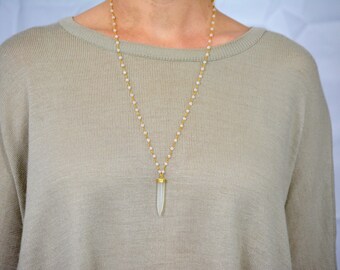 Lang Moonstone Necklace, Chalcedony hoorn hanger, Moonstone Wire Wrapped ketting