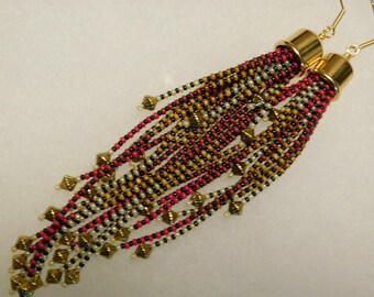 hand beaded long fringe earrings fall colors