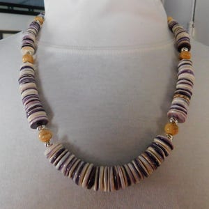 Natural Wampum (Quahog shell) graduated disc necklace with bone and silver beads