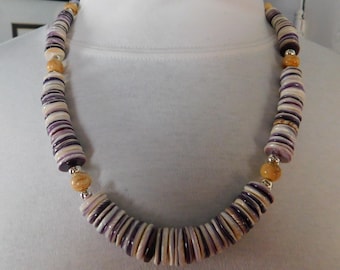 Natural Wampum (Quahog shell) graduated disc necklace with bone and silver beads