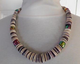 Natural Wampum (Quahog shell) graduated disc necklace with iridescent glass beads