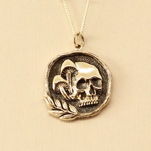 Skull Pendant with Mushrooms, Sterling Silver