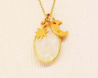 Crescent Moon, Starburst, Gold Charm Necklace with Oval Moonstone Gemstone