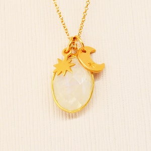 Crescent Moon, Starburst, Gold Charm Necklace with Oval Moonstone Gemstone