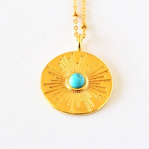 Sun Medallion with Turquoise Stone, 18kt Gold Plated, 14kt Gold Filled Chain