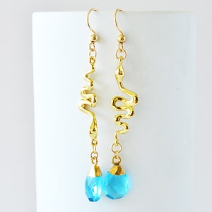 Gold Plated Brass Snake Earrings with Blue Hydro Topaz Gemstone Teardrops