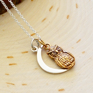 Owl Crecsent Moon Charm Necklace in sterling silver, bronze and 14kt gold filled spacers