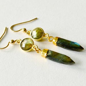 Labradorite Drop Earrings, Labradorite Vermeil Gold Bezel and Spike Gemstone Earrings, Gemstone Dangle Earrings
