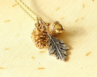 Gold Bronze Pine Cone, Acorn and Sterling Silver Oak Leaf, Nature Charm, 14kt Gold Filled Necklace