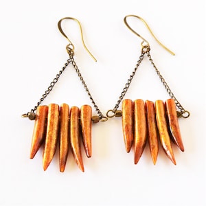 Amber Coral Stick, Antique Brass Chain, Dangle Earrings