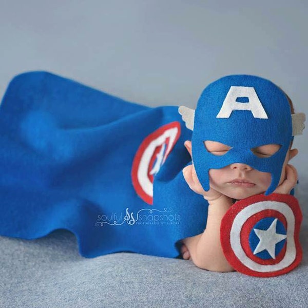 Captain America inspired, Newborn photography,  Newborn props, superhero, superhero capes, felt, Avengers, Photography, photography props