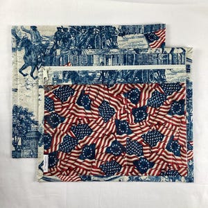 May include: Two fabric pouches. One features a blue and white toile print with historical figures and buildings. The other has a pattern of red, white, and blue Betsy Ross flags. Both have white zippers.