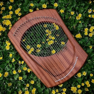 Pode incluir: Uma lira de madeira com cordas, repousando sobre um leito de folhas verdes e flores amarelas. O instrumento tem uma forma curva com uma boca e pinos de afinação. As cordas são esticadas através da abertura, criando um instrumento musical.
