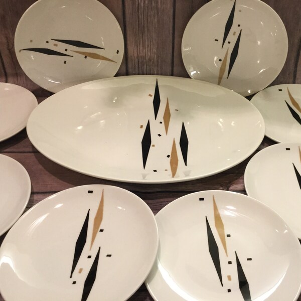 HOLD FOR Vanessa  -- Vintage rare 1950 Atomic Royal China Mardi Gras Underglaze Dishes in Black and Gold Diamond pattern