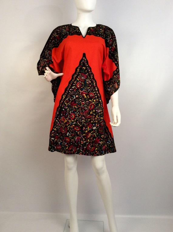 Vintage dress, orange black kimono dress, 80's dr… - image 1