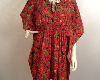 Red printed kimono dress, mandarin colored red dress, red printed tunic dress, boho red dress