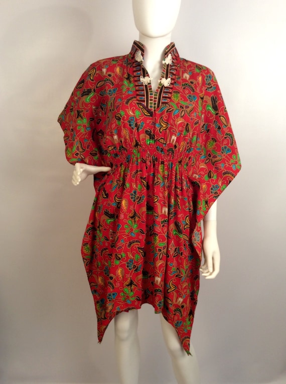 Red printed kimono dress, mandarin colored red dre