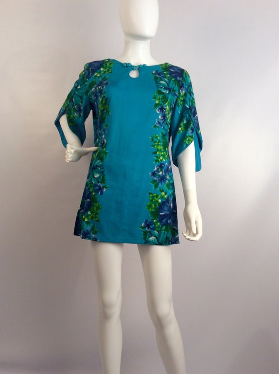 Vintage dress, Asian inspired turquoise mini, flo… - image 1