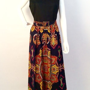 Vintage 60s Boho Maxi Dress: Black Top, Multi-Color Skirt