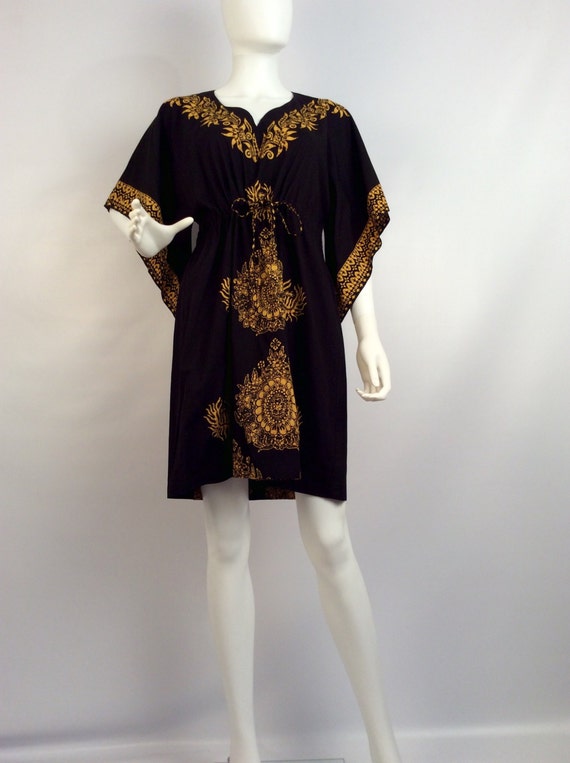 Vintage dress, black yellow dress, kimono sleeve d