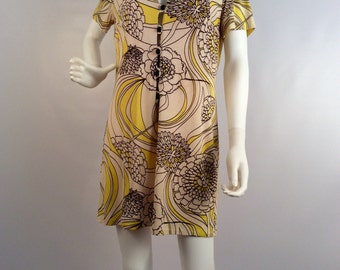 Vintage Asian Floral Mini Dress: Yellow & White, Button Up