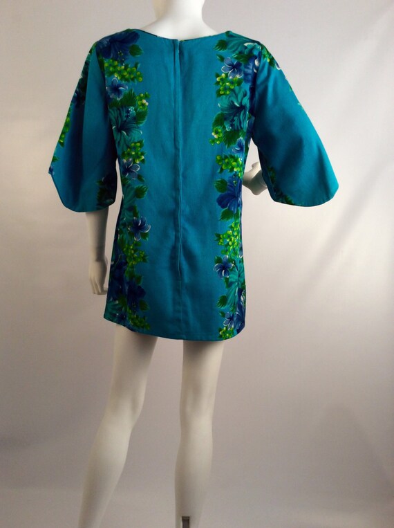 Vintage dress, Asian inspired turquoise mini, flo… - image 2