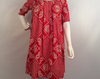 Vintage red paisley dress, red polka dot paisley dress,