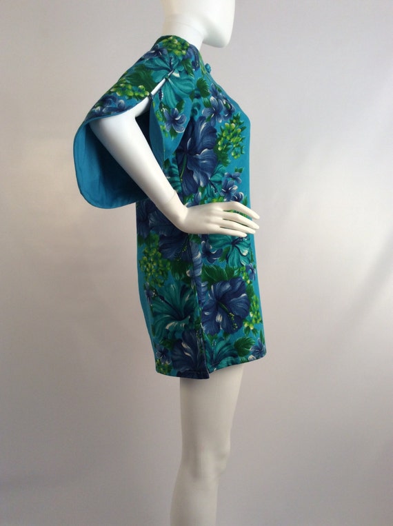 Vintage dress, Asian inspired turquoise mini, flo… - image 3