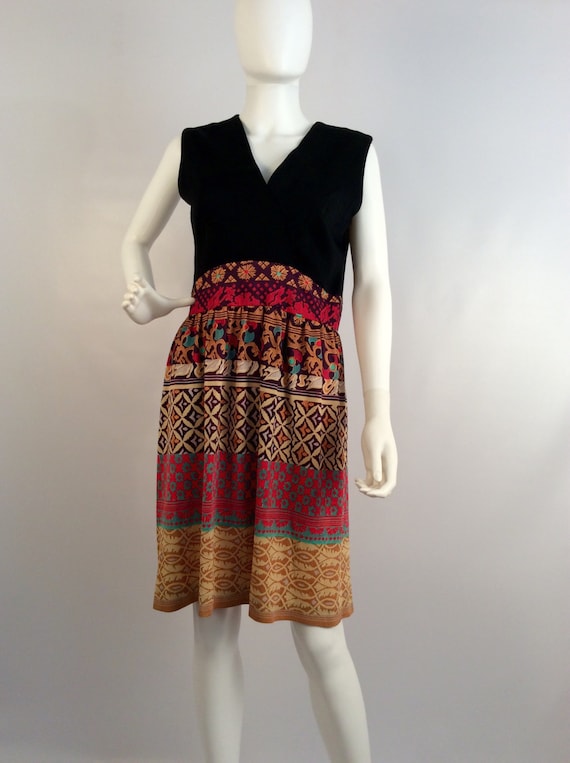 Vintage dress, black multi 70's dress, sleeveless
