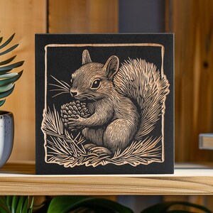 Squirrel Engraved Birch Wood Panel | Block Print Style Woodland Animal Wall Art, Cute Squirrel Illustration, Forest Cabin Nature Decor Gift