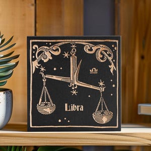 Libra Zodiac Engraved Birch Wood Panel | Block Print Style Wall Art, Astrology Sign Illustration, Astrological Decor Gift