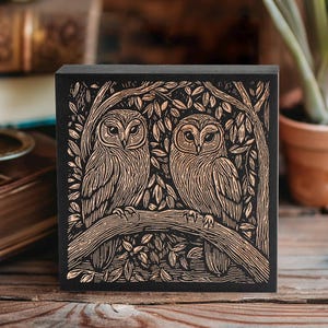 Barn Owl Couple Engraved Birch Wood Panel | Block Print Style Woodland Wall Art, Forest Cabin Nature Decor, Farmhouse Gift