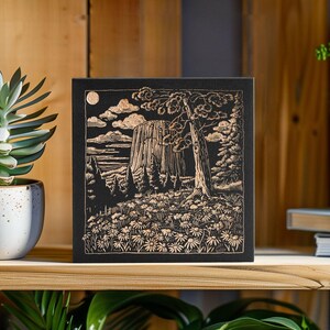 Wyoming Devil's Tower Engraved Birch Wood Panel | Linocut Block Print Wall Art, State Illustration, Western Folk Art Home Decor Gift