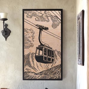 Vintage Ski Gondola Engraved Birch Wood Panel | Block Print Inspired Skiing Wall Art, Mountain Illustration, Outdoor Home Decor Gift.