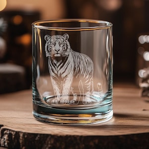 Tiger Glasses | Personalized Spirit Animal Whiskey, Wine & Beer Etched Glassware Gift, Asia Wildlife Themed Drinkware, Memorable Trip Gift.
