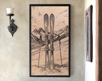 Cuadro decorativo de madera de abedul con grabado de esquís vintage / Impresión en bloque inspirada en el esquí, ilustración de montaña, regalo de decoración para el hogar para amantes de las actividades al aire libre.
