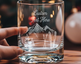 Custom Name Text Engraved Glasses - Ski Themed | Personalized Glasses for Beer, Whiskey, Wine, Cocktail, Home Decor, Ski Lover Gift, Winter