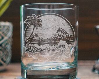 Tropical Island Scene Glasses | Personalized etched beer, whiskey, wine & cocktail glassware. Beach Coast Lifestyle gift, Summer Vibes.