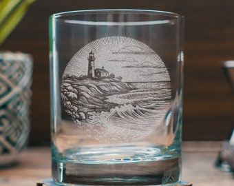 Rocky Coast Lighthouse Scene Glasses | Personalized etched beer, whiskey, wine & cocktail glassware. Summer Beach, Coastal Nautical gift