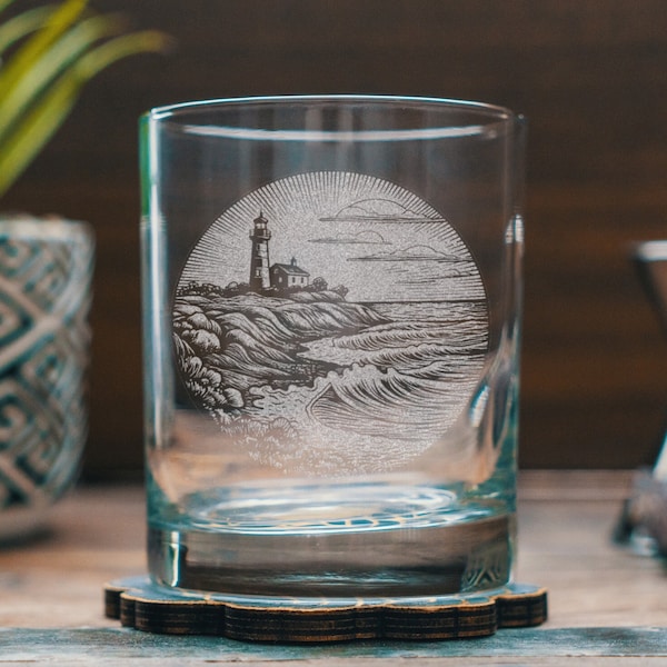 Rocky Coast Lighthouse Scene Glasses | Personalized etched beer, whiskey, wine & cocktail glassware. Summer Beach, Coastal Nautical gift